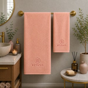 Logolu El ve Banyo Havlusu Takımı Açık Renk Somon 50x90cm 70x140cm